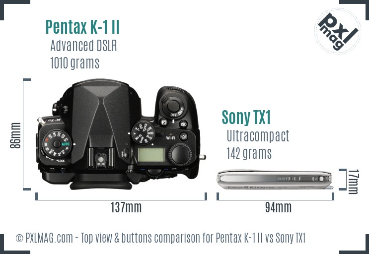 Pentax K-1 II vs Sony TX1 top view buttons comparison