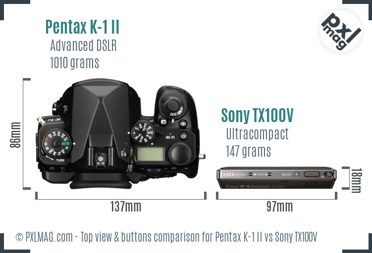 Pentax K-1 II vs Sony TX100V top view buttons comparison