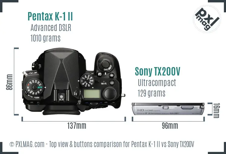 Pentax K-1 II vs Sony TX200V top view buttons comparison