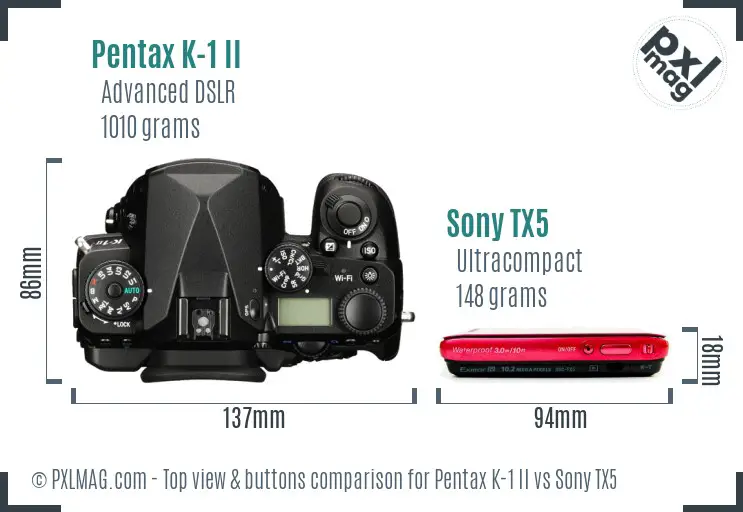 Pentax K-1 II vs Sony TX5 top view buttons comparison