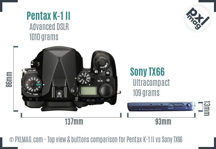 Pentax K-1 II vs Sony TX66 top view buttons comparison