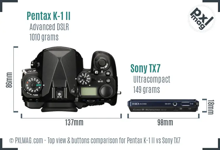 Pentax K-1 II vs Sony TX7 top view buttons comparison