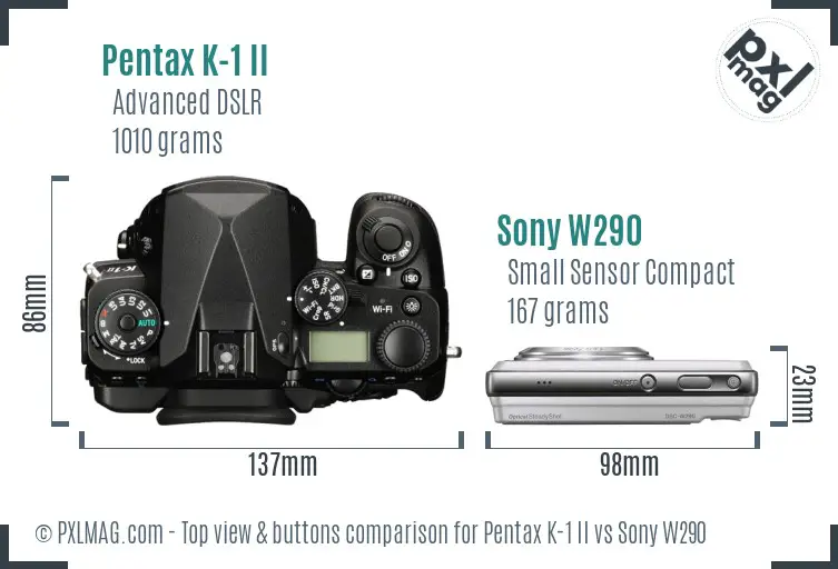 Pentax K-1 II vs Sony W290 top view buttons comparison