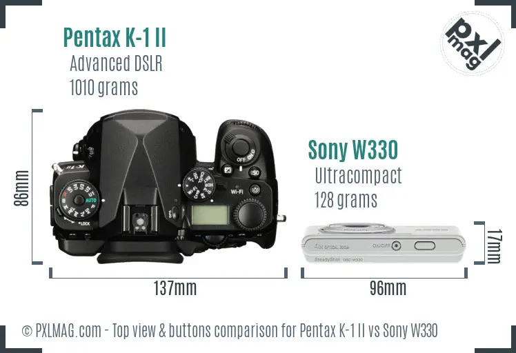 Pentax K-1 II vs Sony W330 top view buttons comparison