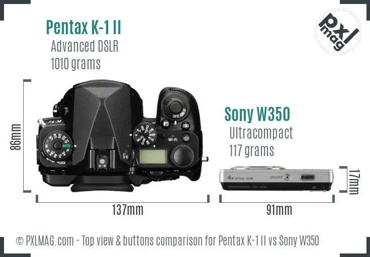 Pentax K-1 II vs Sony W350 top view buttons comparison Pentax K-1 II vs Sony W350 top view buttons comparison