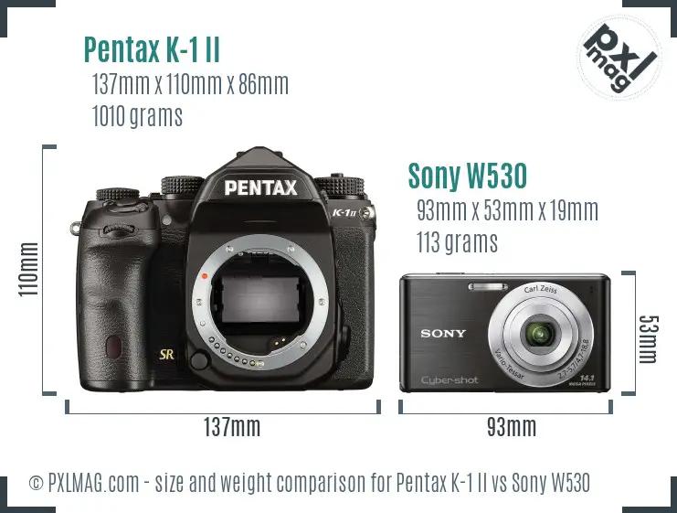 Pentax K-1 II vs Sony W530 size comparison