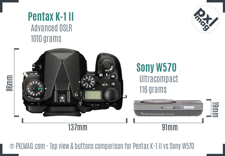 Pentax K-1 II vs Sony W570 top view buttons comparison