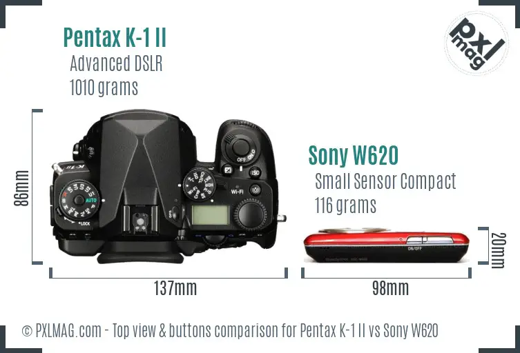 Pentax K-1 II vs Sony W620 top view buttons comparison