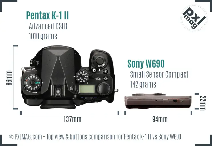 Pentax K-1 II vs Sony W690 top view buttons comparison