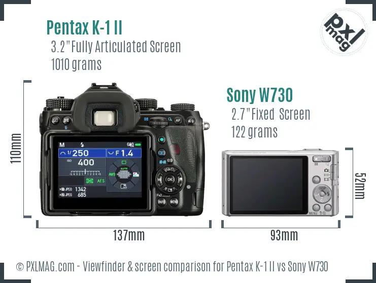 Pentax K-1 II vs Sony W730 Screen and Viewfinder comparison
