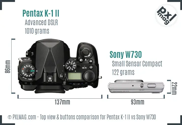 Pentax K-1 II vs Sony W730 top view buttons comparison
