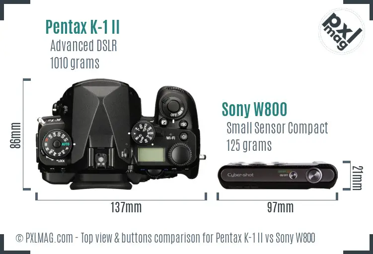 Pentax K-1 II vs Sony W800 top view buttons comparison