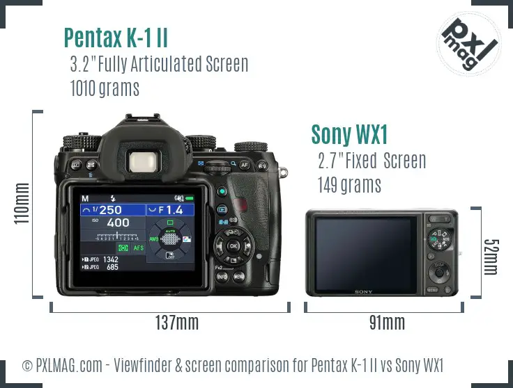 Pentax K-1 II vs Sony WX1 Screen and Viewfinder comparison
