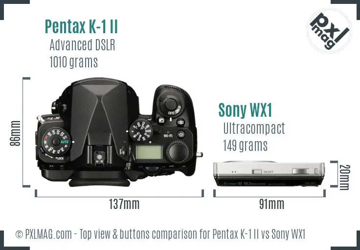 Pentax K-1 II vs Sony WX1 top view buttons comparison