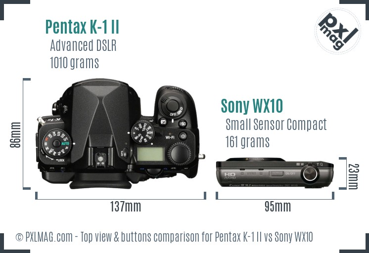 Pentax K-1 II vs Sony WX10 top view buttons comparison