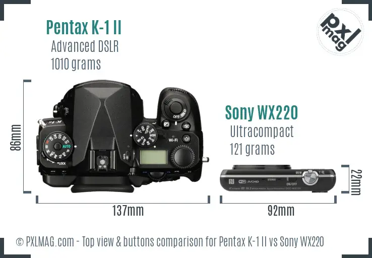 Pentax K-1 II vs Sony WX220 top view buttons comparison