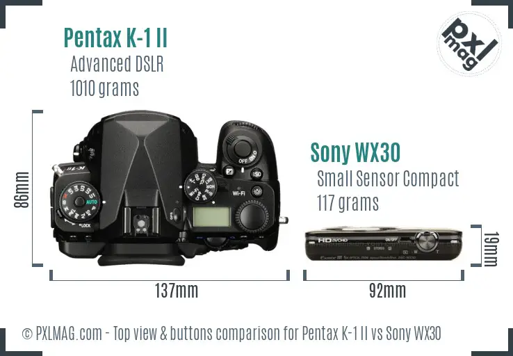 Pentax K-1 II vs Sony WX30 top view buttons comparison Pentax K-1 II vs Sony WX30 top view buttons comparison