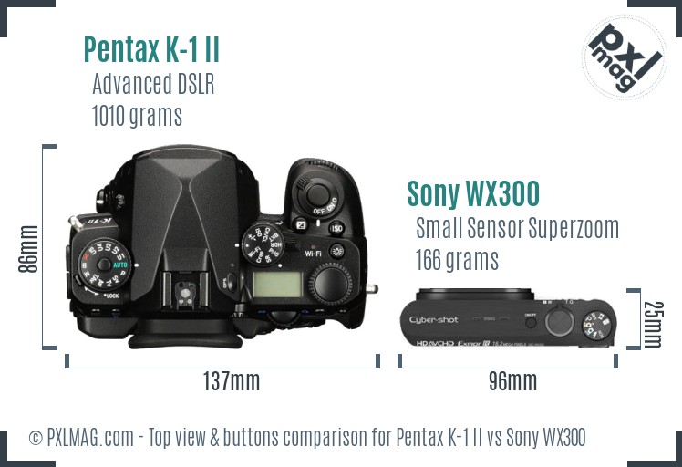 Pentax K-1 II vs Sony WX300 top view buttons comparison