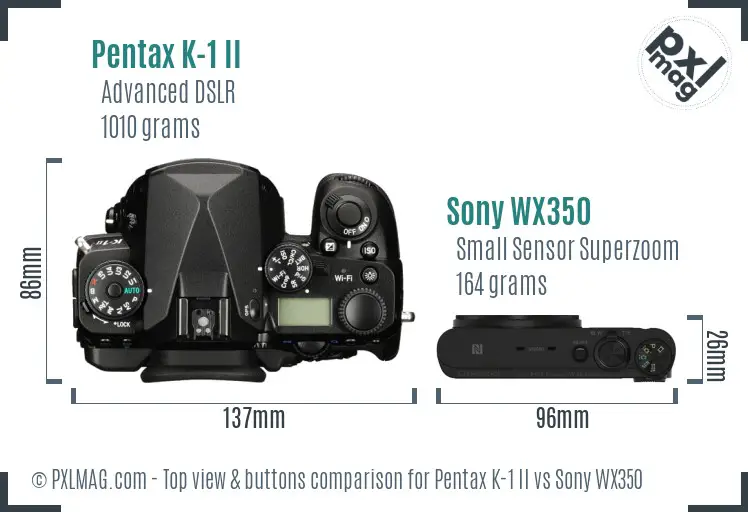 Pentax K-1 II vs Sony WX350 top view buttons comparison Pentax K-1 II vs Sony WX350 top view buttons comparison