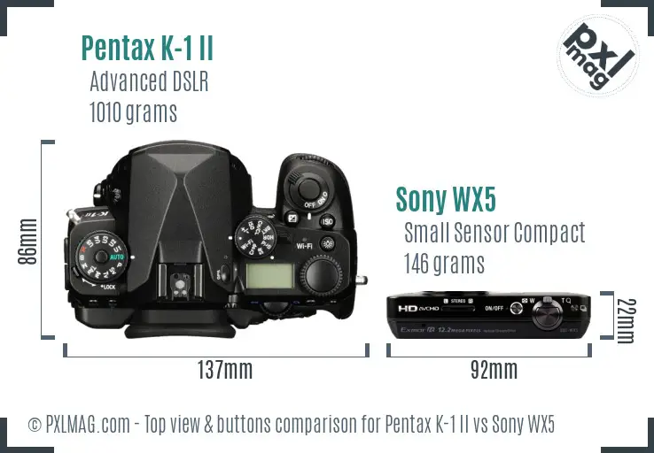 Pentax K-1 II vs Sony WX5 top view buttons comparison