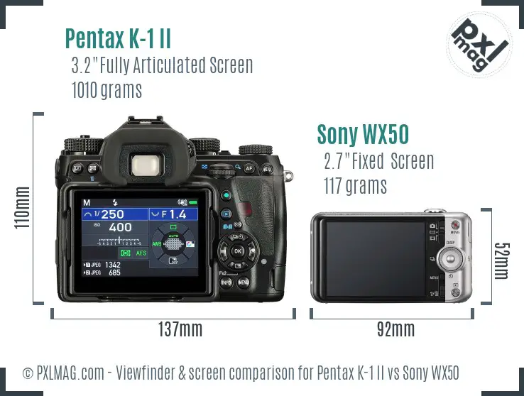 Pentax K-1 II vs Sony WX50 Screen and Viewfinder comparison