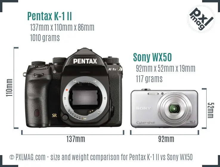 Pentax K-1 II vs Sony WX50 size comparison