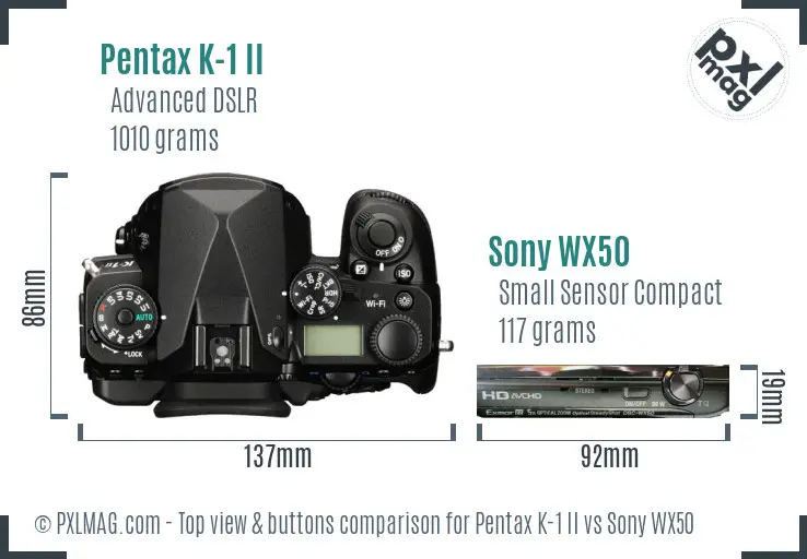 Pentax K-1 II vs Sony WX50 top view buttons comparison