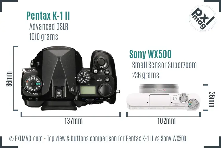 Pentax K-1 II vs Sony WX500 top view buttons comparison Pentax K-1 II vs Sony WX500 top view buttons comparison