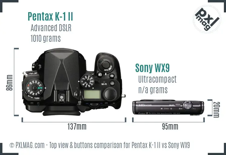 Pentax K-1 II vs Sony WX9 top view buttons comparison