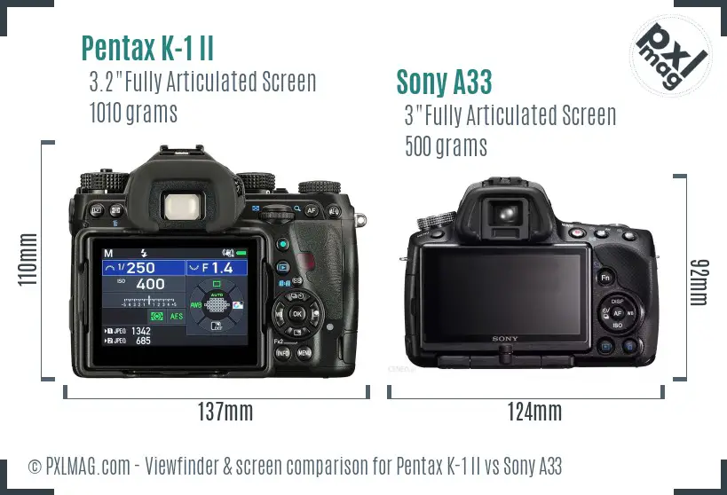 Pentax K-1 II vs Sony A33 Screen and Viewfinder comparison