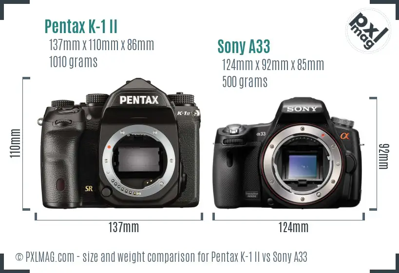 Pentax K-1 II vs Sony A33 size comparison