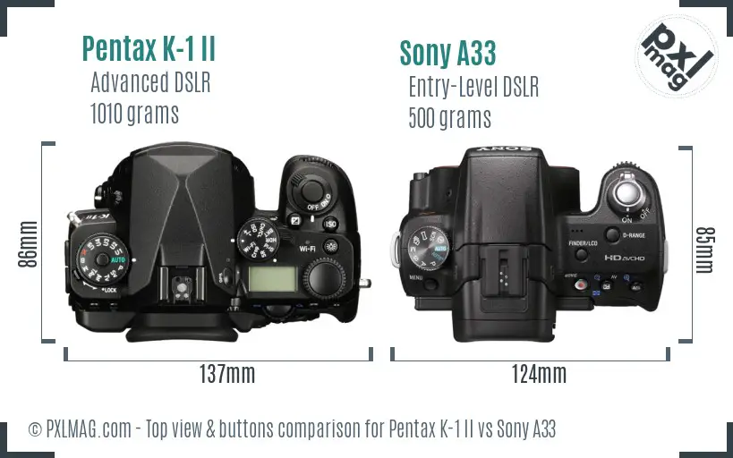 Pentax K-1 II vs Sony A33 top view buttons comparison