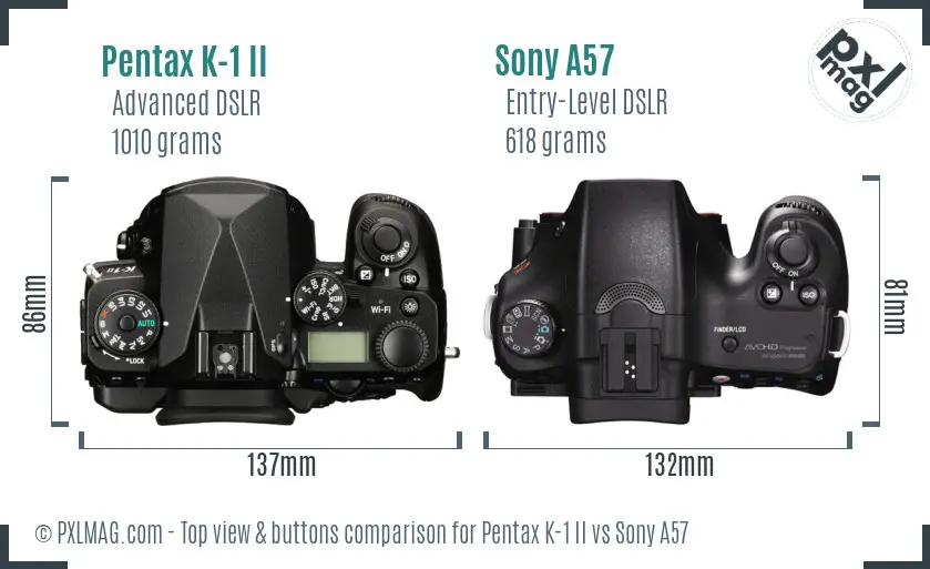 Pentax K-1 II vs Sony A57 top view buttons comparison