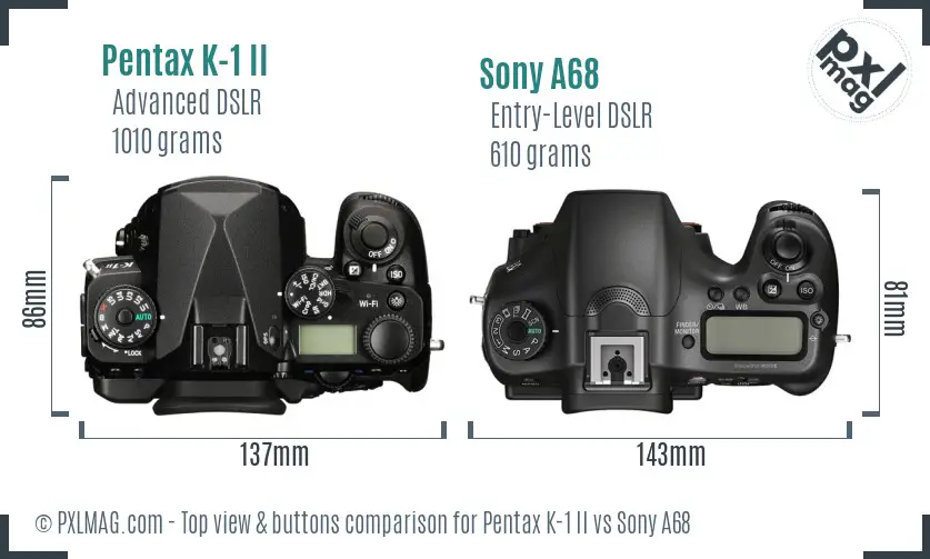 Pentax K-1 II vs Sony A68 top view buttons comparison Pentax K-1 II vs Sony A68 top view buttons comparison
