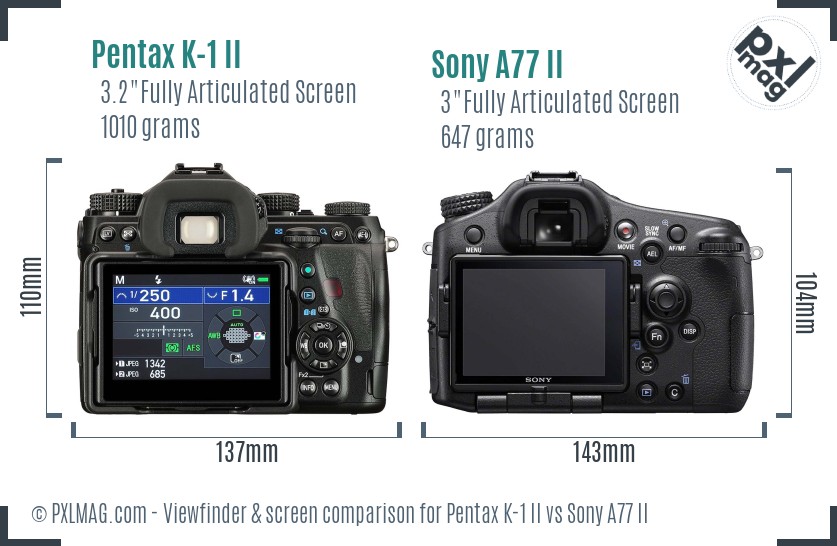 Pentax K-1 II vs Sony A77 II Screen and Viewfinder comparison