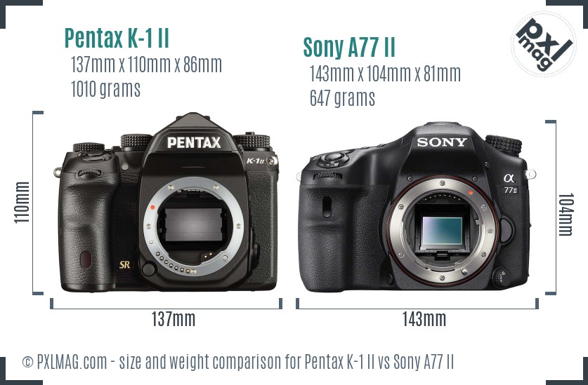 Pentax K-1 II vs Sony A77 II size comparison