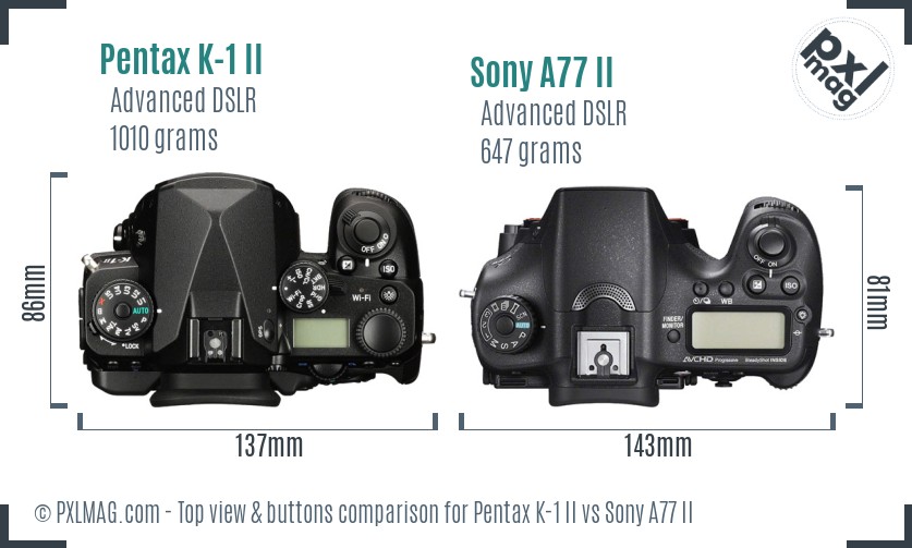 Pentax K-1 II vs Sony A77 II top view buttons comparison