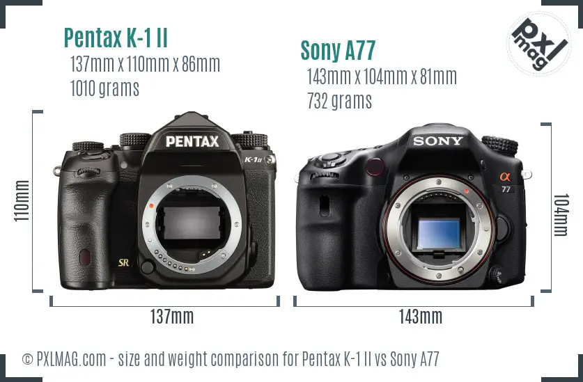 Pentax K-1 II vs Sony A77 size comparison