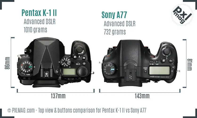 Pentax K-1 II vs Sony A77 top view buttons comparison