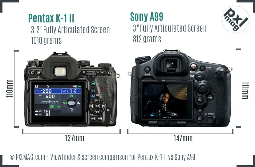 Pentax K-1 II vs Sony A99 Screen and Viewfinder comparison