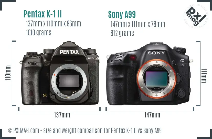 Pentax K-1 II vs Sony A99 size comparison