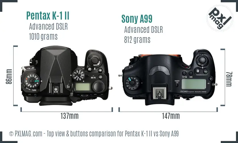 Pentax K-1 II vs Sony A99 top view buttons comparison