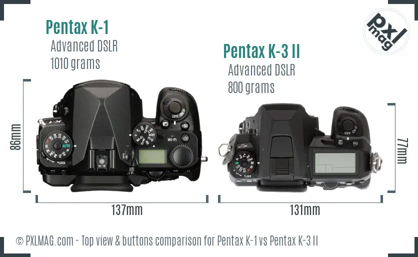 Pentax K-1 vs Pentax K-3 II top view buttons comparison