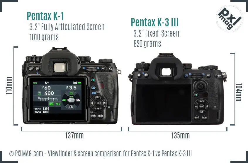 Pentax K-1 vs Pentax K-3 III Screen and Viewfinder comparison