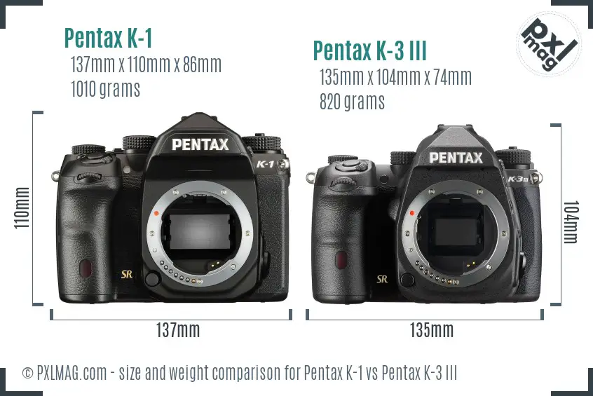 Pentax K-1 vs Pentax K-3 III size comparison