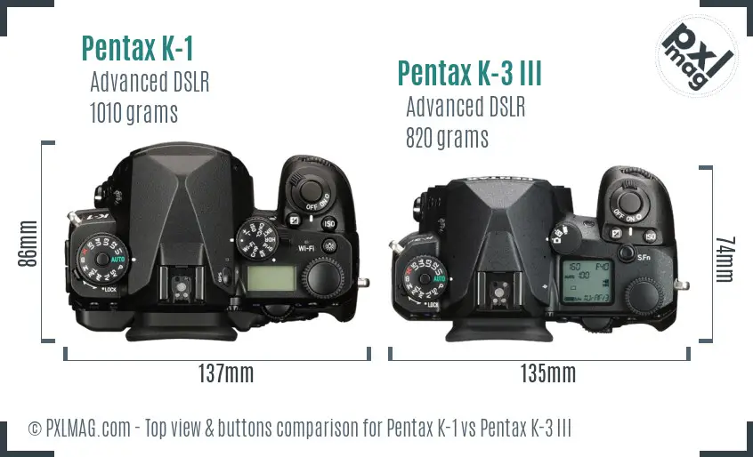 Pentax K-1 vs Pentax K-3 III top view buttons comparison