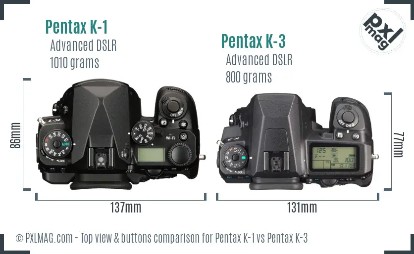 Pentax K-1 vs Pentax K-3 top view buttons comparison