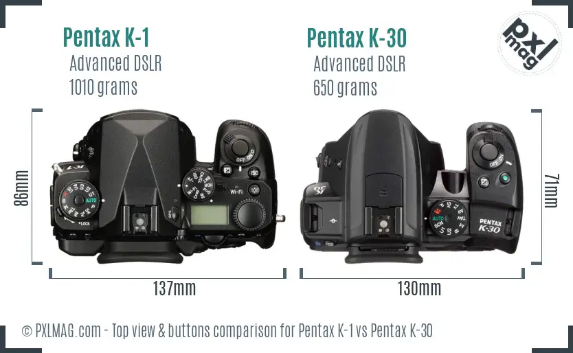 Pentax K-1 vs Pentax K-30 top view buttons comparison