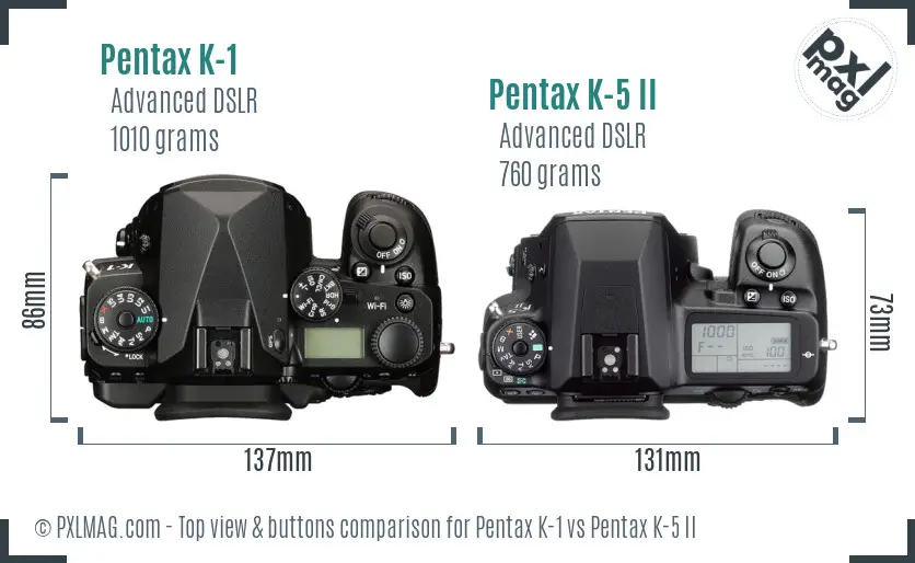 Pentax K-1 vs Pentax K-5 II top view buttons comparison