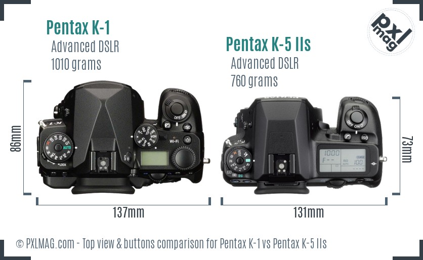 Pentax K-1 vs Pentax K-5 IIs top view buttons comparison